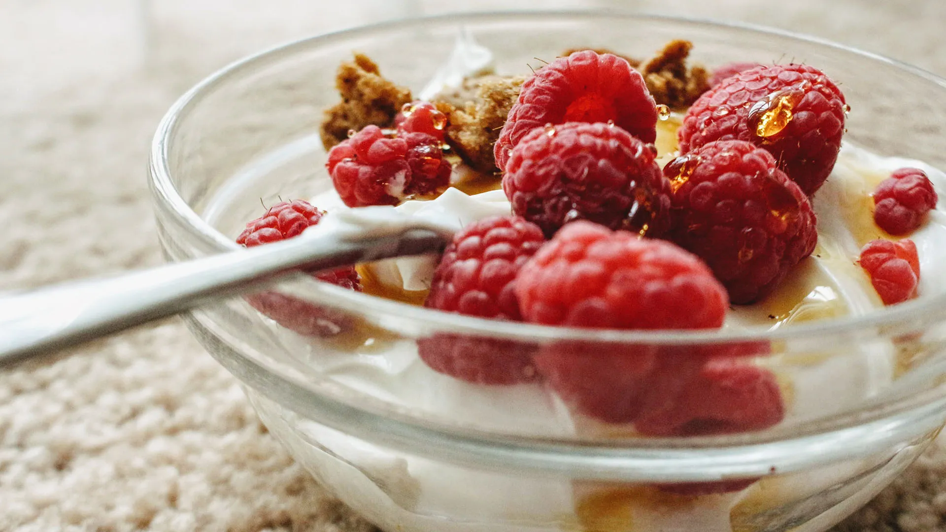Red Raspberry on Clear Glass Bowl